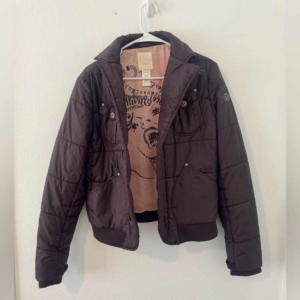 VINTAGE Y2K DIESEL CROPPED BOMBER JACKET BROWN NYLON SIZE XL - Picture 3 of 15